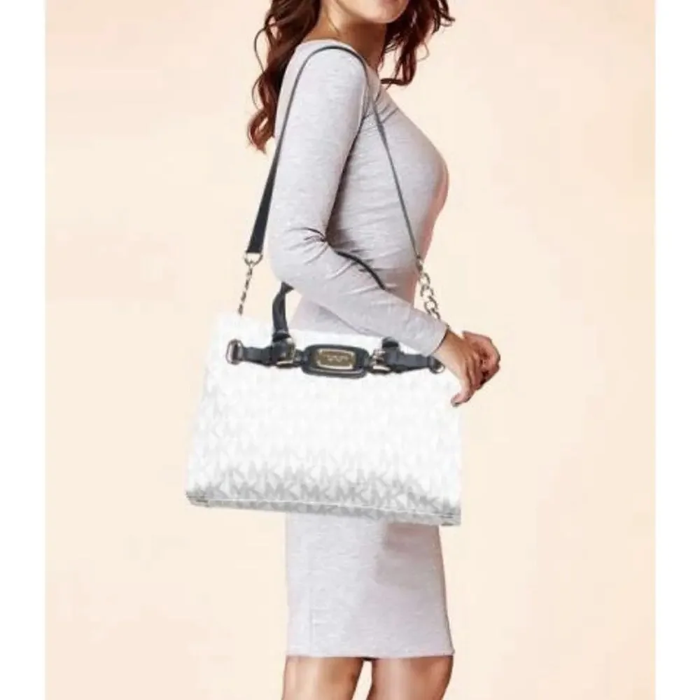 Michael Kors Jet Set White/Blue Logo Satchel Shoulder Handbag Gold Hardware Larg